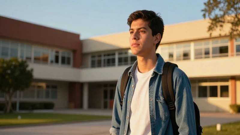 Joven mexicano en campus moderno, luz dorada