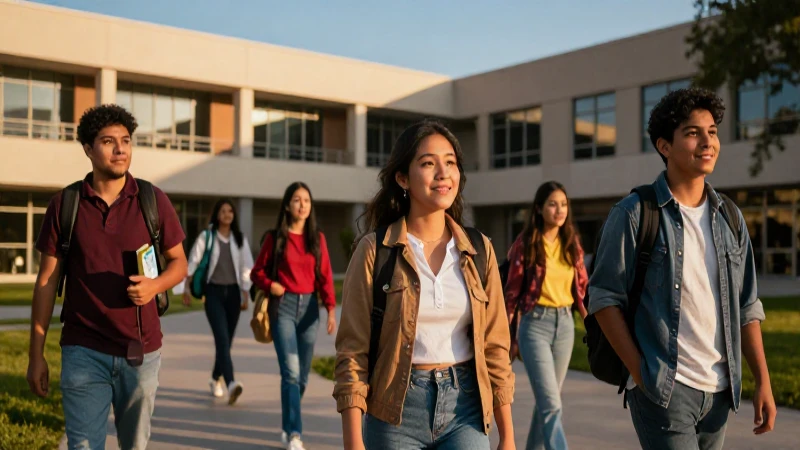 Estudiantes mexicanos diversos en campus moderno con luz dorada