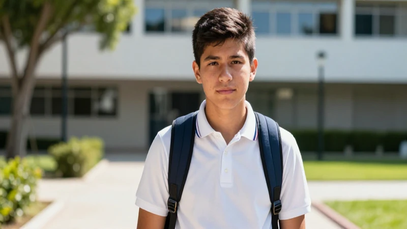 Joven mexicano académico en campus moderno