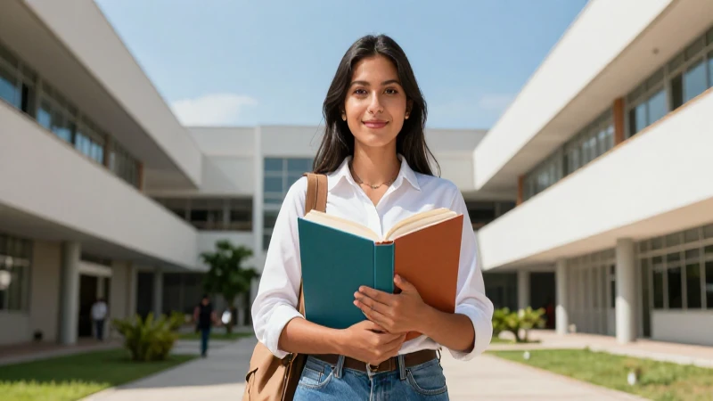 Estudiante mexicano confiado en campus moderno