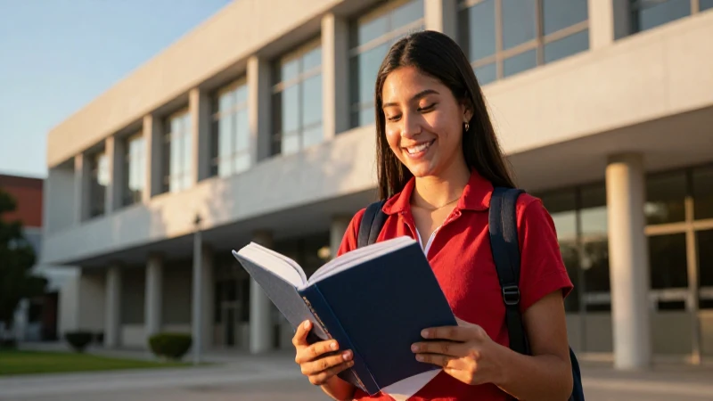 Estudiante mexicano sonriente con libro en campus