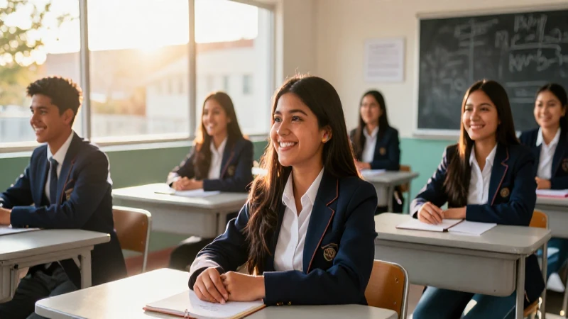 Estudiantes mexicanos felices en aula moderna y futurista