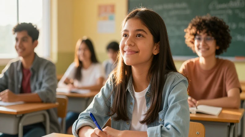Estudiante mexicano en aula vibrante y luz dorada