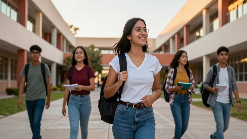 Estudiante mexicano diverso en campus moderno