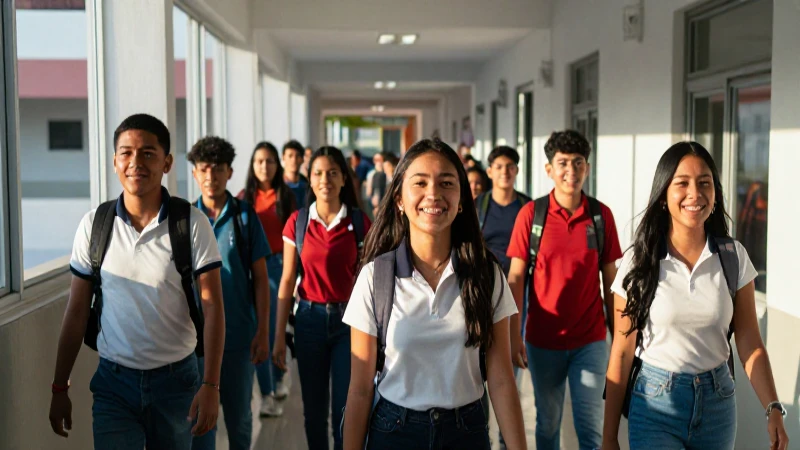 Estudiantes mexicanos alegres en pasillo escolar moderno