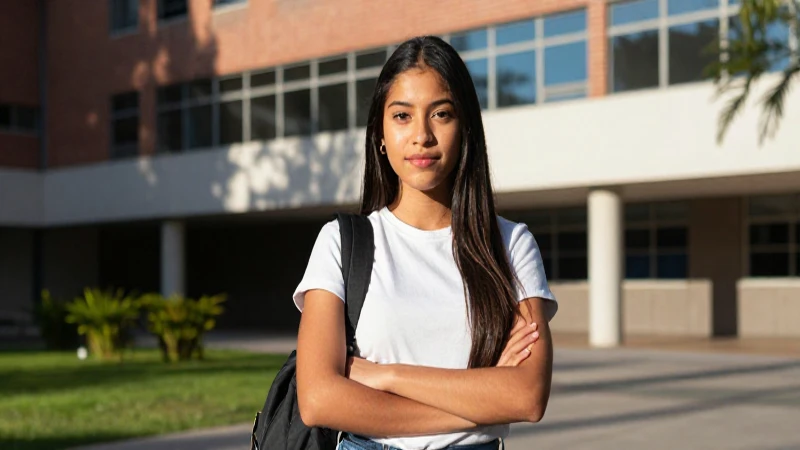 Estudiante mexicana moderna en campus soleado