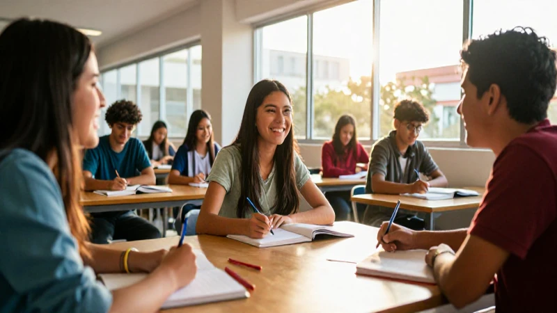 Campus mexicano vibrante con estudiantes felices