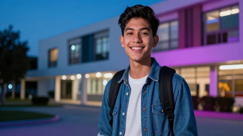 Estudiante mexicano sonríendo en campus moderno
