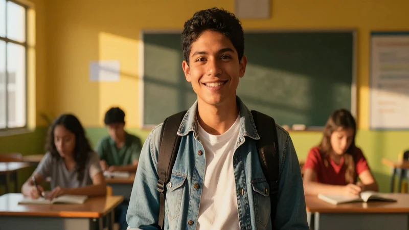 Estudiante sonríe bajo luz dorada y moderna