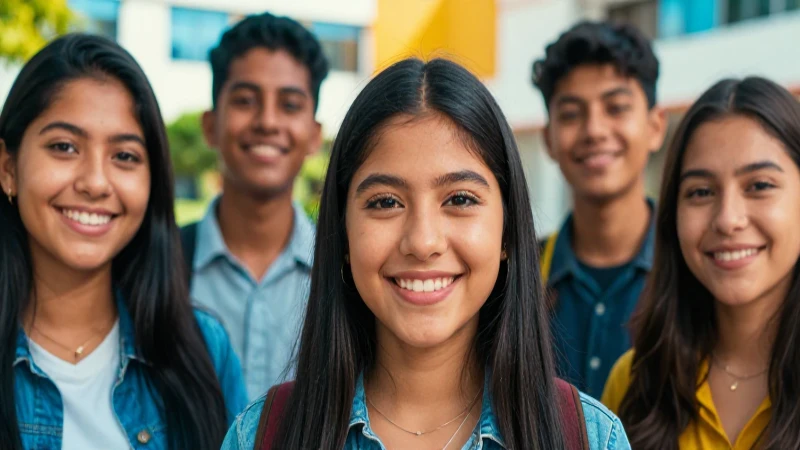 Estudiantes mexicanos sonrientes en campus moderno