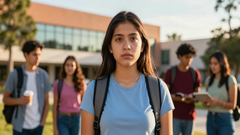 Estudiante mexicana determinada en campus moderno