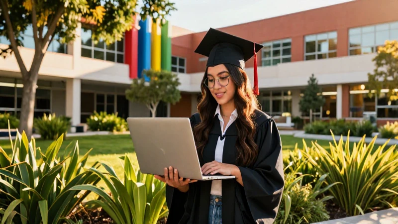 Estudiante mexicano en campus vibrante al atardecer