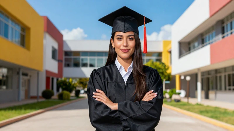 Joven mexicana, graduada, en campus universitario