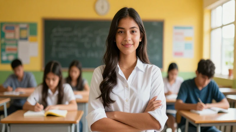 Estudiante mexicano seguro en aula moderna y vibrante