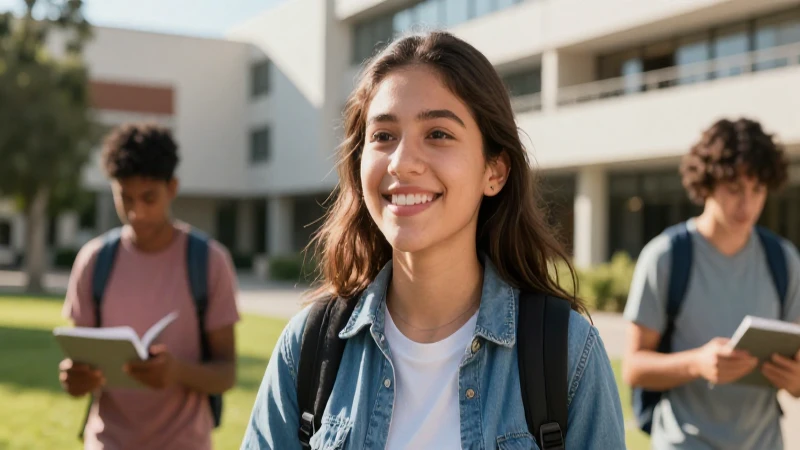 Joven mexicana sonríe en campus universitario moderno