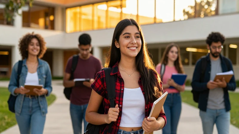 Estudiante mexicana sonriendo en campus moderno