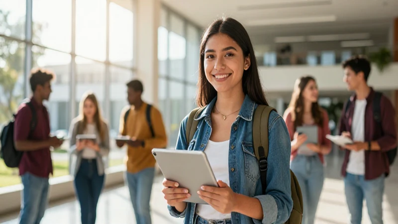 Estudiante mexicano sonríe en campus moderno