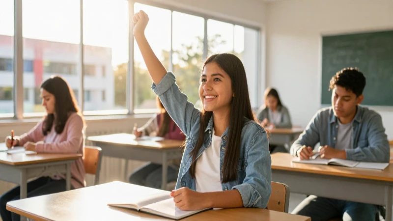 Estudiante mexicano triunfa en aula moderna con luz dorada