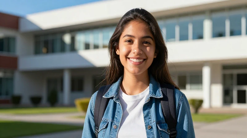 Estudiante mexicana radiante sonríe en campus moderno