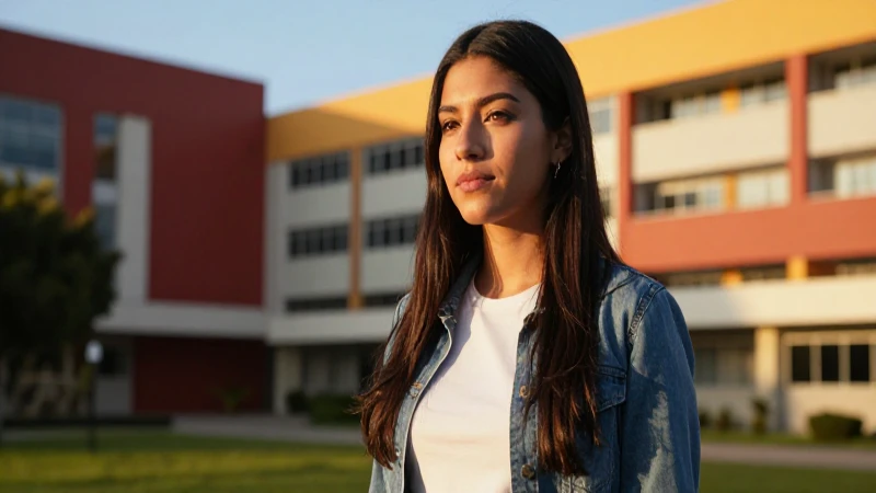 Estudiante mexicana en campus, luz dorada cinematográfica