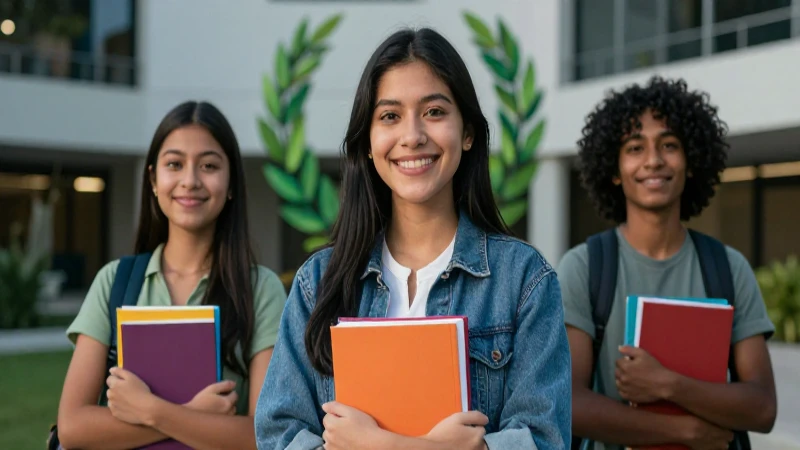 Estudiante mexicano sonríe con éxito en campus moderno