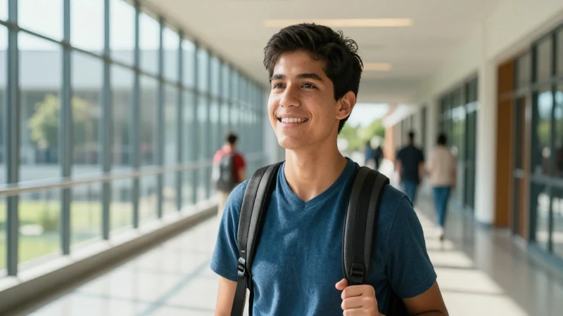 Estudiante mexicano esperanzado en un pasillo moderno