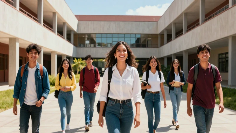 Estudiantes mexicanos felices en campus moderno