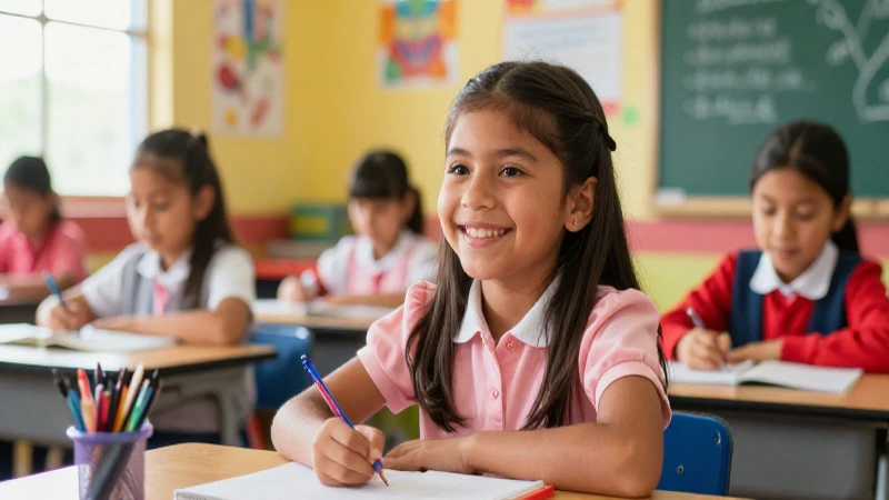 Niño mexicano feliz en aula vibrante
