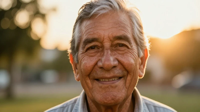 Retrato cinematográfico de anciana mexicana sonriendo al atardecer