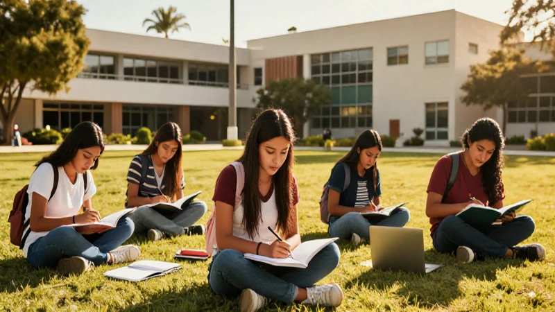 Estudiantes mexicanos estudian motivados en campus moderno