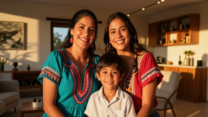 Familia mexicana sonríendo en cálida luz