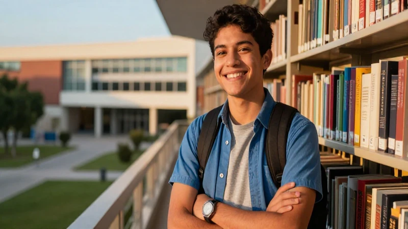 Joven mexicano en biblioteca con luz dorada