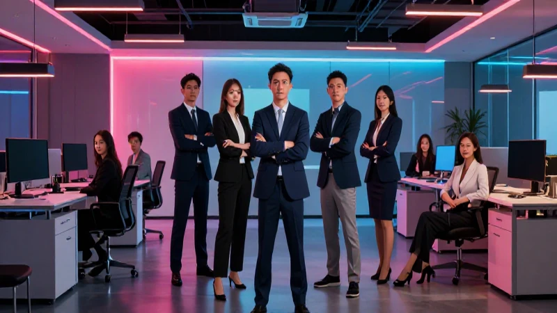 Equipo corporativo en oficina moderna y dramática