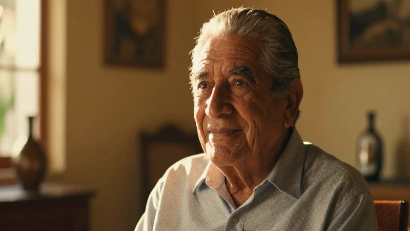 Abuelo mexicano sonriente en paz con luz dorada