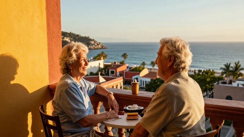 Pareja feliz en balcón con costa mexicana