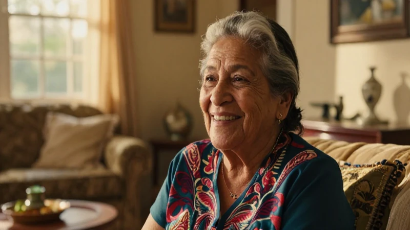 Abuela mexicana sonríe en sala cálida y acogedora