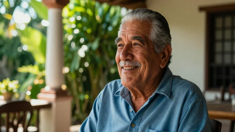 Hombre mexicano sonriente en patio soleado