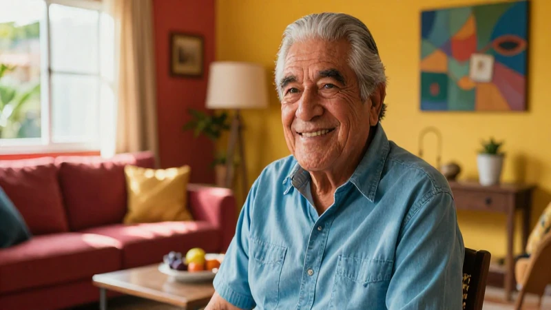 Sonrisa de anciano mexicano en hogar moderno