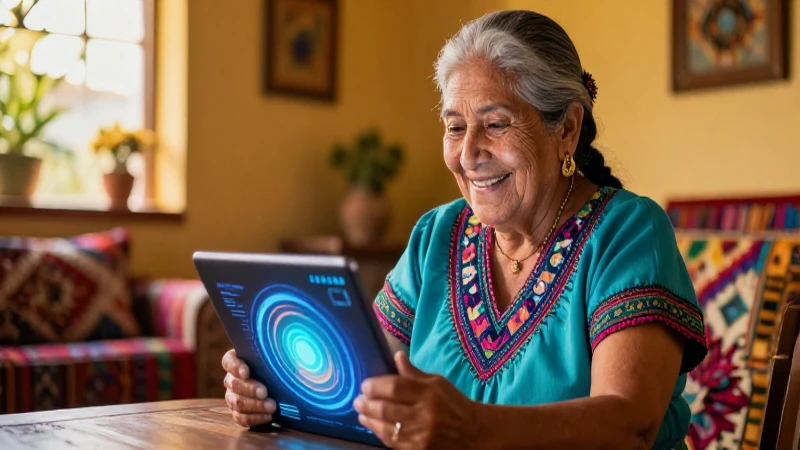 Mujer mexicana interactúa con tecnología en su hogar