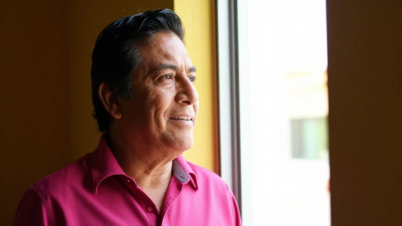 Sonriendo mexicano mira ventana, luz cálida