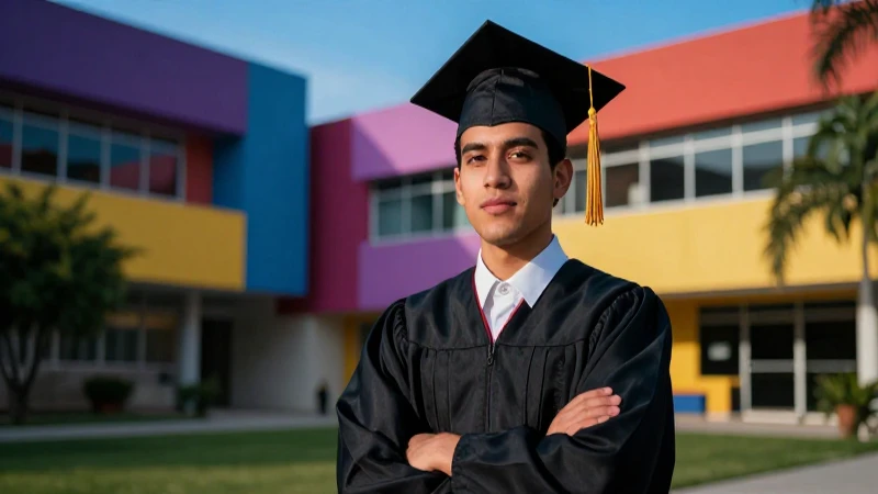Graduado mexicano vibrante en campus moderno