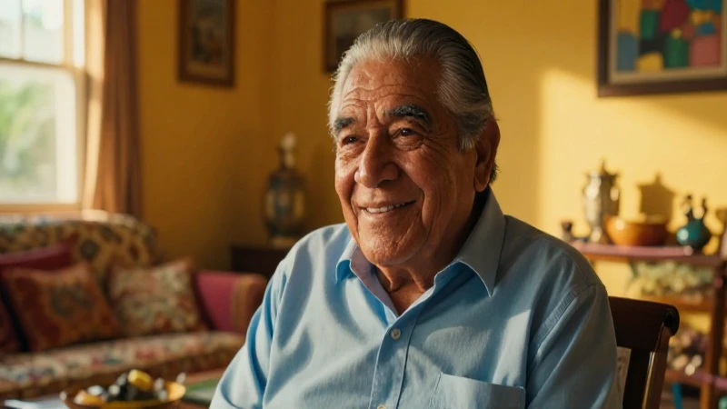 Abuelo sonriente en sala acogedora