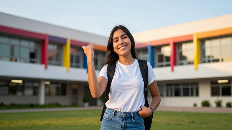 Estudiante mexicano victorioso en campus moderno