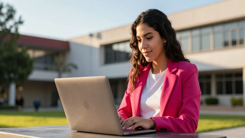 Joven mexicana estudia en campus universitario moderno