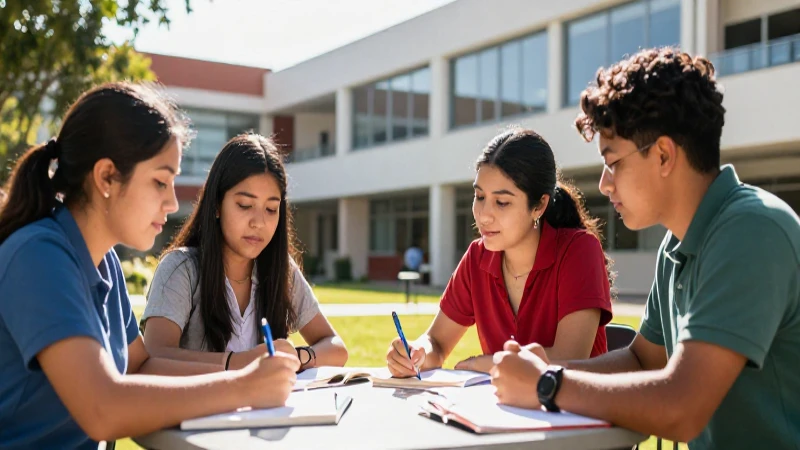 Estudiantes mexicanos en campus luminoso y vibrante