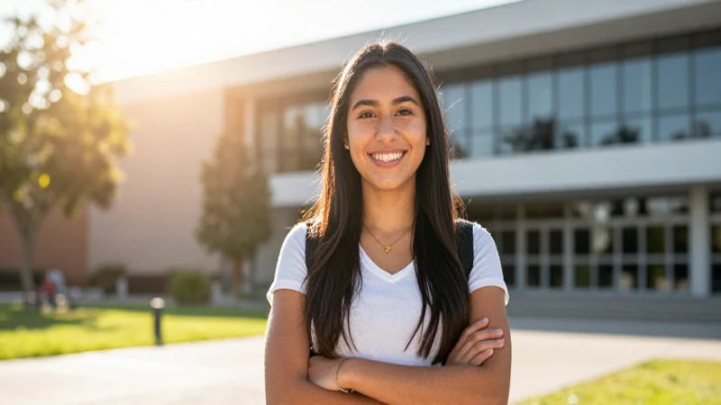 Estudiante mexicano confiado en campus moderno