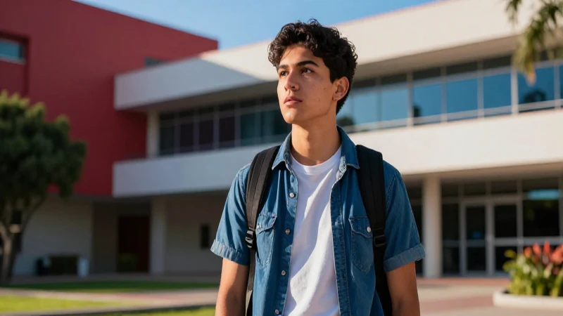 Joven estudiante mexicano vibrante en campus moderno