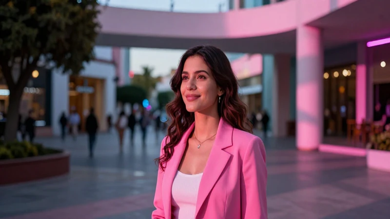 Mujer optimista frente a plaza vibrante y moderna