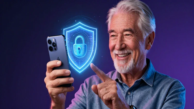 Anciano sonriente con escudo digital y smartphone