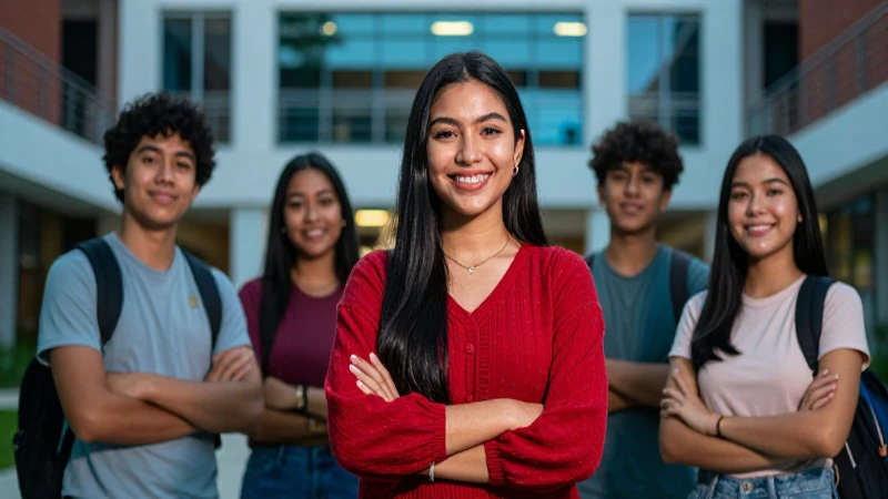 Joven mexicana sonríe en campus moderno y vibrante